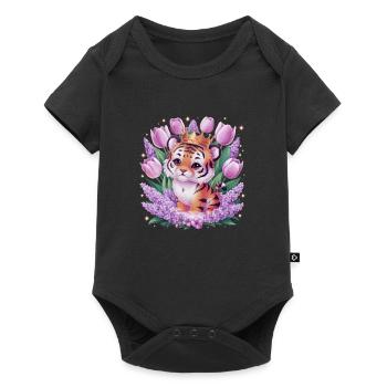 Dessin animé Kawaii Tiger avec couronne de tulipes et lilas - Body à manches courtes Premium Bébé - noir - Devant