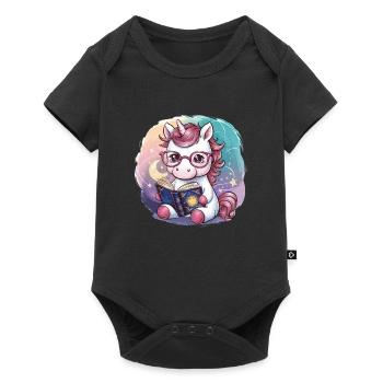 Kawaii Einhorn mit Brille und Buch - Baby Premium Kurzarmbody - Schwarz - Vorne