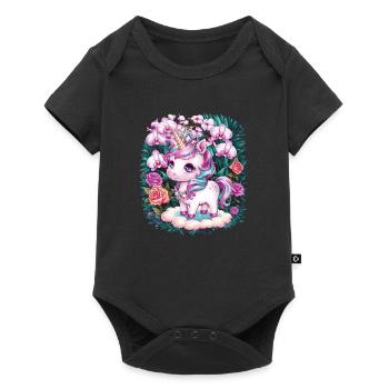 Licorne kawaii avec des roses et des orchidées - Body à manches courtes Premium Bébé - noir - Devant
