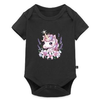 Kawaii Einhorn mit Lavendel und Lillien - Baby Premium Kurzarmbody - Schwarz - Vorne