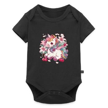 Dessin animé Licorne Kawaii avec des cerises et des lys - Body à manches courtes Premium Bébé - noir - Devant