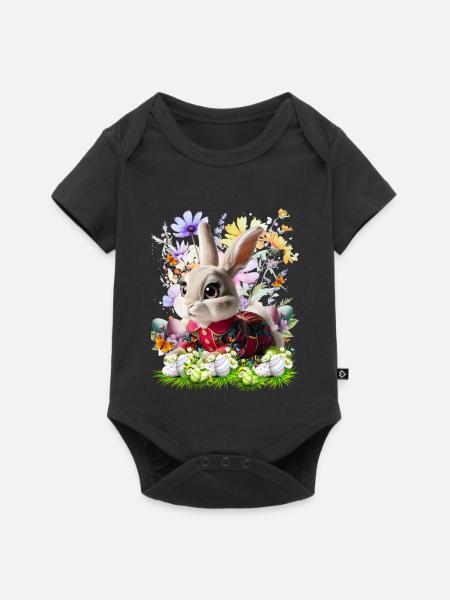 Osterhase im Blumenfeld - Baby Premium Kurzarmbody - Schwarz