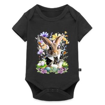 Eleganter Osterhase im Blumenfeld - Baby Premium Kurzarmbody - Schwarz - Vorne