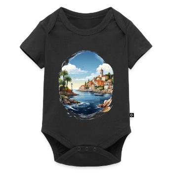 Vue sur la mer avec ville côtière et palmier - Body à manches courtes Premium Bébé - noir - Devant