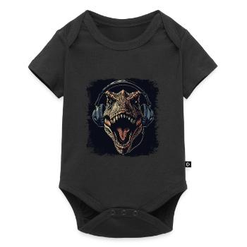 T-Rex Dinosaurier hört Musik - Baby Premium Kurzarmbody - Schwarz - Vorne