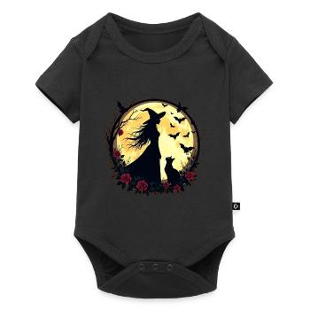 Hexe mit Katze, Vollmond, Rosen und Fledermäusen - Baby Premium Kurzarmbody - Schwarz - Vorne
