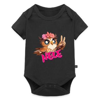 NELE - Schöner Mädchen Name mit süßer EULE - Baby Premium Kurzarmbody - Schwarz - Vorne