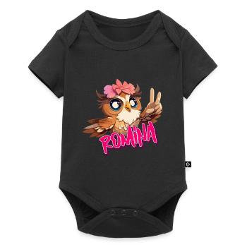 ROMINA - Schöner Mädchen Name mit süßer EULE - Baby Premium Kurzarmbody - Schwarz - Vorne