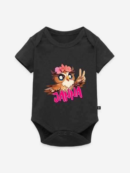 JANNA - Schöner Mädchen Name mit süßer EULE - Baby Premium Kurzarmbody - Schwarz