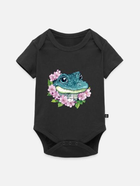 Kirschblüten Krokodil - Baby Premium Kurzarmbody - Schwarz