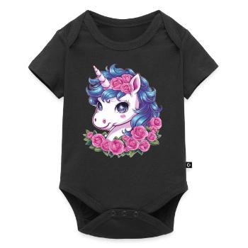 Licorne Kawaii avec des roses - Body à manches courtes Premium Bébé - noir - Devant