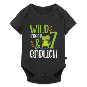 Wild Frech & endlich 7 siebter Geburtstag - Baby Premium Kurzarmbody - Schwarz - Vorne