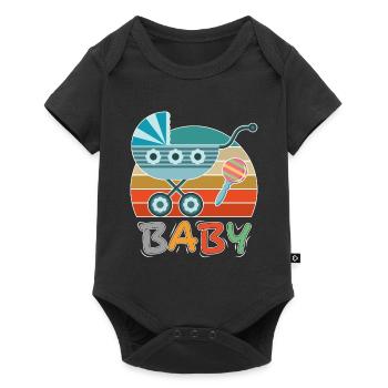 Baby Kinderwagen Rassel Spazieren gehen Retro - Baby Premium Kurzarmbody - Schwarz - Vorne