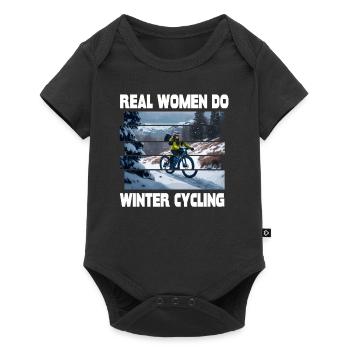 Real women riding in winter cycling mountain biking - Baby Premium short-sleeve bodysuit - black - Front