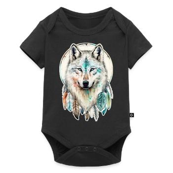 Wolf Watercolor Feathers Indian Wildlife Mandala - Baby Premium short-sleeve bodysuit - black - Front