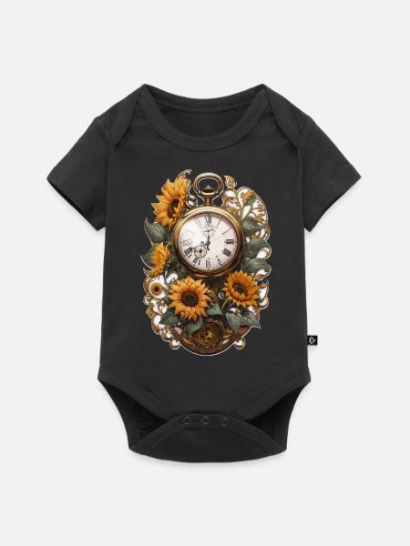 Uhr mit Sonnenblumen - Baby Premium Kurzarmbody - Schwarz