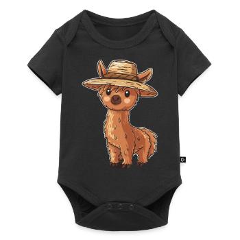 Niedliches Alpaka mit Strohhut Cartoon für - Baby Premium Kurzarmbody - Schwarz - Vorne