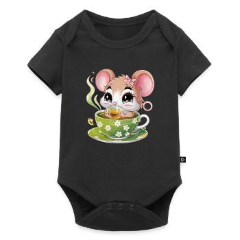 Cartoon Kawaii Mouse Drinking Green Tea - Baby Premium short-sleeve bodysuit - black - Front