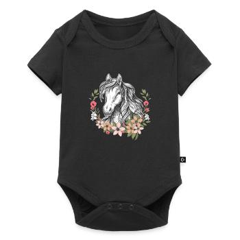 Pferd mit Blumen Mädchen - schönes Pferd - Baby Premium Kurzarmbody - Schwarz - Vorne