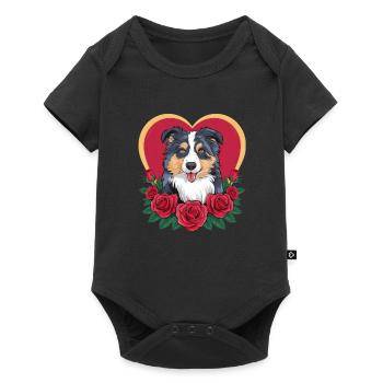 Cartoon Australian Shepherd Dog with Roses - Baby Premium short-sleeve bodysuit - black - Front