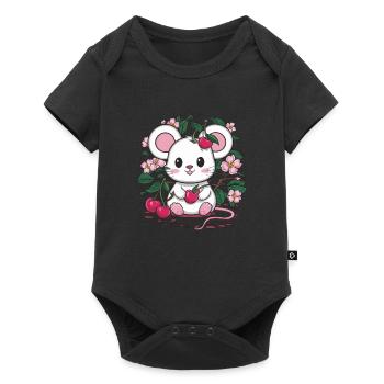 Mouse with cherries and sakura cherry blossoms - Baby Premium short-sleeve bodysuit - black - Front
