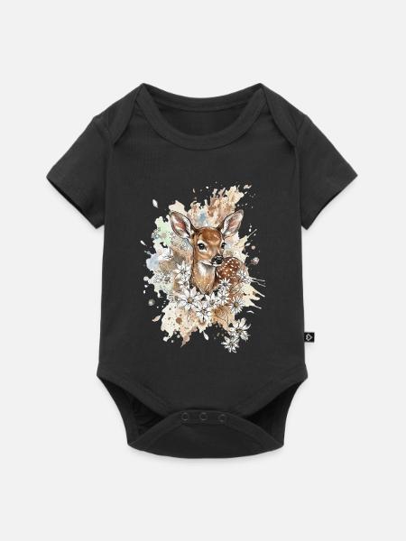 Zarter Rehzauber im Blumenmix - Baby Premium Kurzarmbody - Schwarz