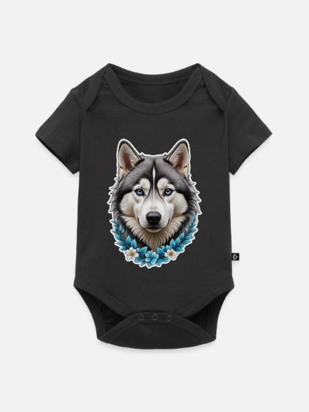 Eisblauer Husky Kopf mit Blumenrahmen - Baby Premium Kurzarmbody - Schwarz