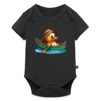 Canard jaune en bateau à rames avec chapeau d’été et fleur - Body à manches courtes Premium Bébé - noir - Devant