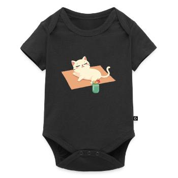 Chat de dessin animé se relaxant sur la plage sur une couverture et une boisson - Body à manches courtes Premium Bébé - noir - Devant