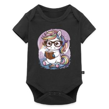 Kawaii Einhorn mit Brille und Buch - Baby Premium Kurzarmbody - Schwarz - Vorne