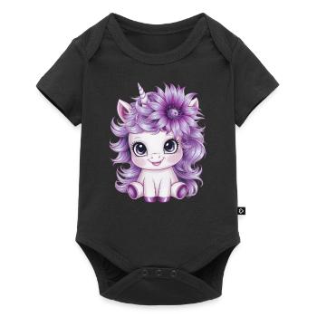 Licorne Kawaii aux fleurs violettes - Body à manches courtes Premium Bébé - noir - Devant