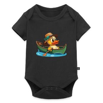 Gelbe Ente im Ruderboot mit Sommerhut und Blume - Baby Premium Kurzarmbody - Schwarz - Vorne