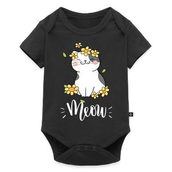 Chat mignon kawaii drôle avec des tournesols disant miaulement - Body à manches courtes Premium Bébé - noir - Devant