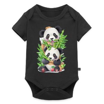 Panda Bär ißt Bambus - Baby Premium Kurzarmbody - Schwarz - Vorne