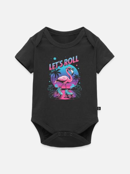 Flamingo auf Rollschuhen - Retro 80er - Baby Premium Kurzarmbody - Schwarz