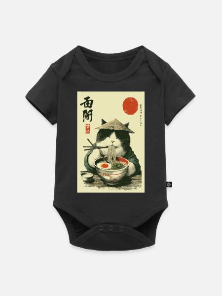 Samurai-Katze genießt Ramen - Baby Premium Kurzarmbody - Schwarz