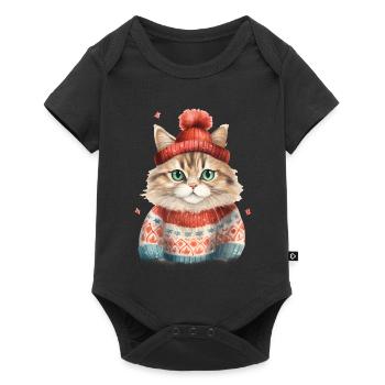 Winterkatze im Strickpullover - Baby Premium Kurzarmbody - Schwarz - Vorne