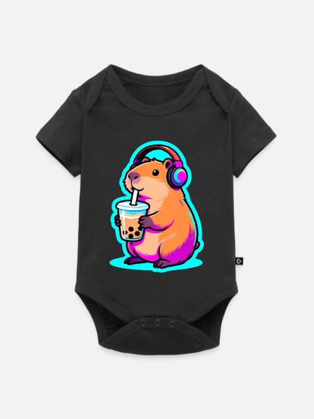 Süßes Capybara Bubble Tea Kawaii Tier Geschenk - Baby Premium Kurzarmbody - Schwarz