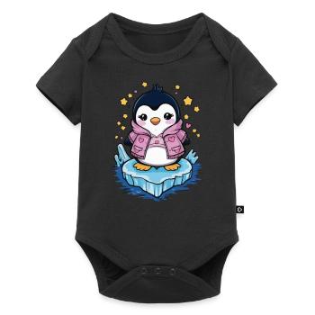 Dessin animé Kawaii Pingouin avec des cœurs et des étoiles - Body à manches courtes Premium Bébé - noir - Devant