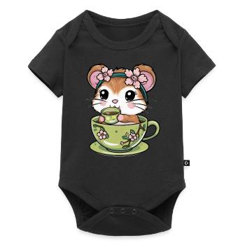 Hamster kawaii avec thé vert style dessin animé - Body à manches courtes Premium Bébé - noir - Devant