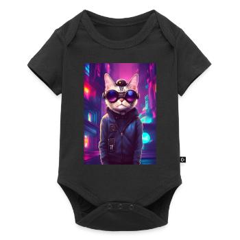 Techno Cat In Japan Neon City - Baby Premium Kurzarmbody - Schwarz - Vorne