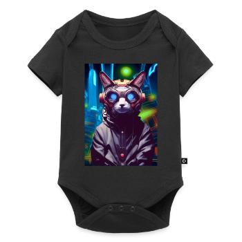 Techno Cat In Japan Neon City - Baby Premium Kurzarmbody - Schwarz - Vorne