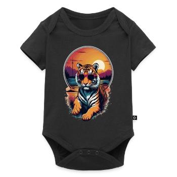 tigre avec lunette soleil et coucher de soleil - Body à manches courtes Premium Bébé - noir - Devant
