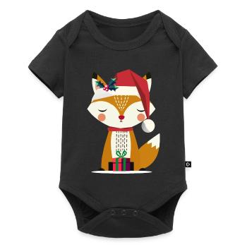 niedlicher Fuchs mit Weihnachtsmütze und Geschenk - Baby Premium Kurzarmbody - Schwarz - Vorne