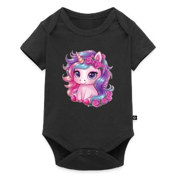 Licorne Kawaii avec des roses - Body à manches courtes Premium Bébé - noir - Devant