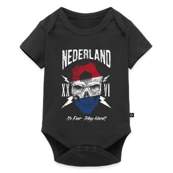 NIEDERLANDE Fußball Fan Totenkopf Flagge - Baby Premium Kurzarmbody - Schwarz - Vorne