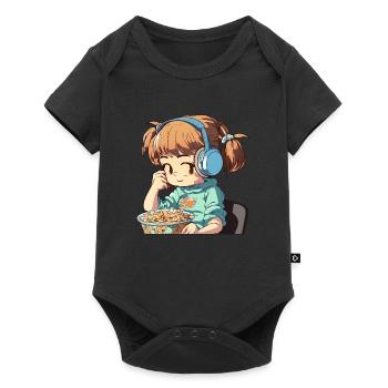 Mädchen mit Kopfhörern hört Musik und isst Müsli - Baby Premium Kurzarmbody - Schwarz - Vorne