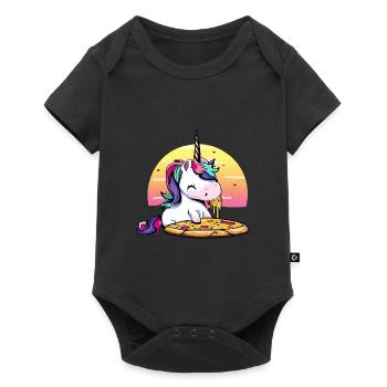 Licorne mangeant une pizza au coucher du soleil - Body à manches courtes Premium Bébé - noir - Devant