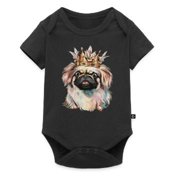 Niedlicher Pekinese mit Krone und Lillien - Baby Premium Kurzarmbody - Schwarz - Vorne