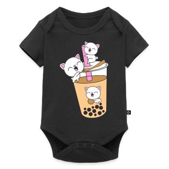 Boba Tee Bubble Tea Katze Kätzchen - Baby Premium Kurzarmbody - Schwarz - Vorne